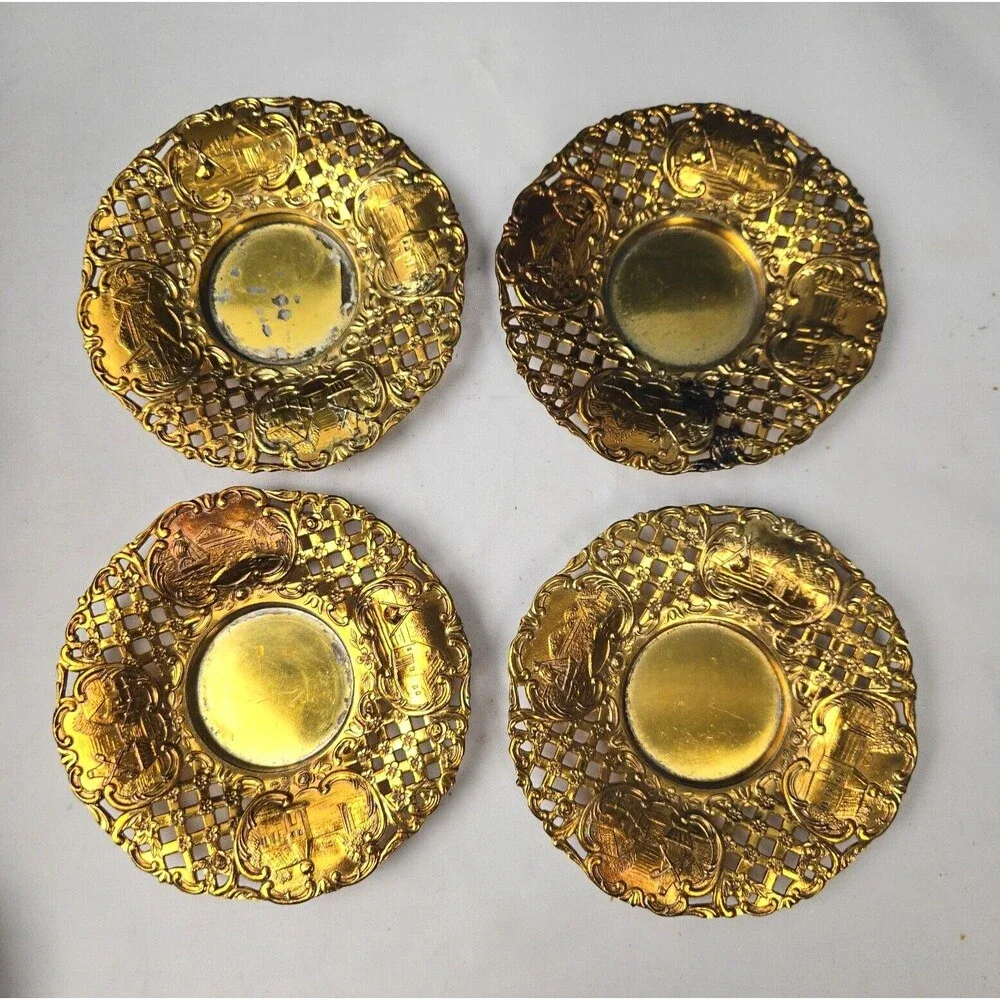 Gold Brass Gilded Plated Metal Demitasse Tea Set Cup Holder & Saucer Set of 4 - Picture 12 of 13